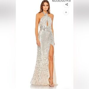 Mac Duggal Nude and Silver Backless Dress